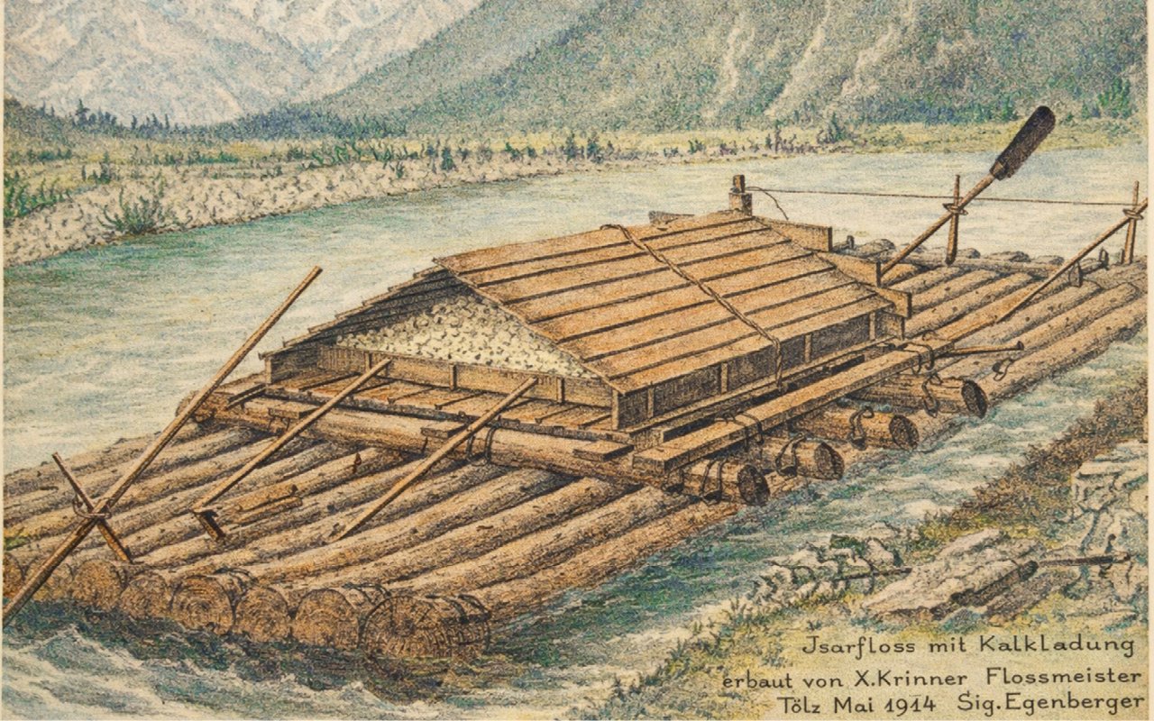 Isarfloß mit Kalkladung, © Archiv Flößerstraße e.V. Isarfloß mit Kalkladung, © Archiv Flößerstraße e.V.